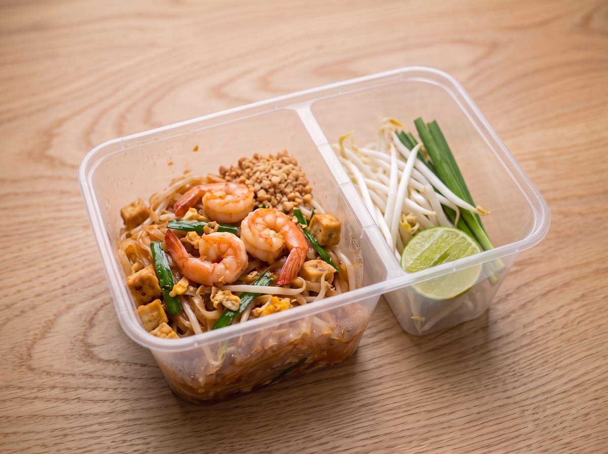 ผัดไทยกุ้งสด ในกล่องข้าวสองช่อง